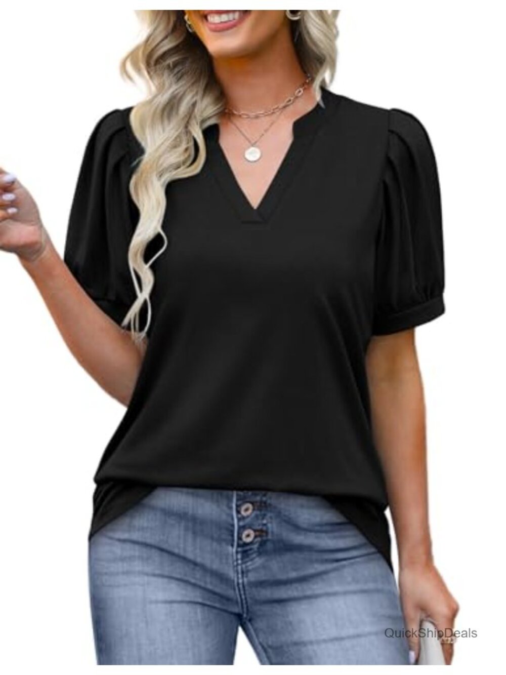 Pleated Puff Sleeve V Neck Tunic Curved Hem Blouse Dressy Casual Top
